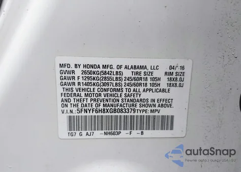 2016 Honda Pilot Ex-L из США, поврежденный, VIN 5FNYF6H8XGB083379